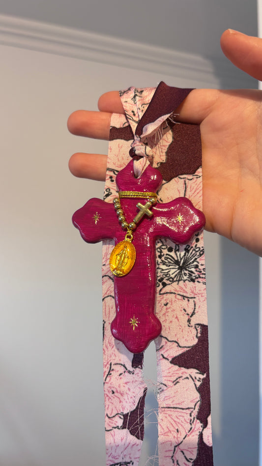 Suspension Murale Croix Fuschia & Madone Orange