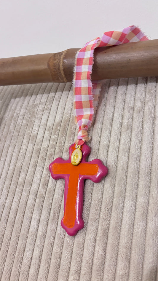 Suspension Murale Croix Bicolore Orange