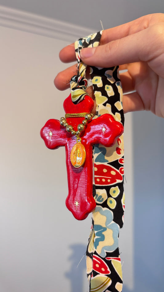 Suspension Murale Croix Rouge & Madone Orange