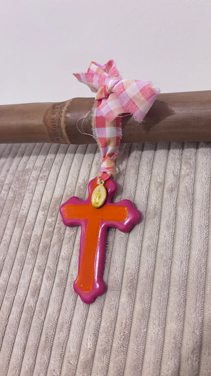 Suspension Murale Croix Bicolore Orange